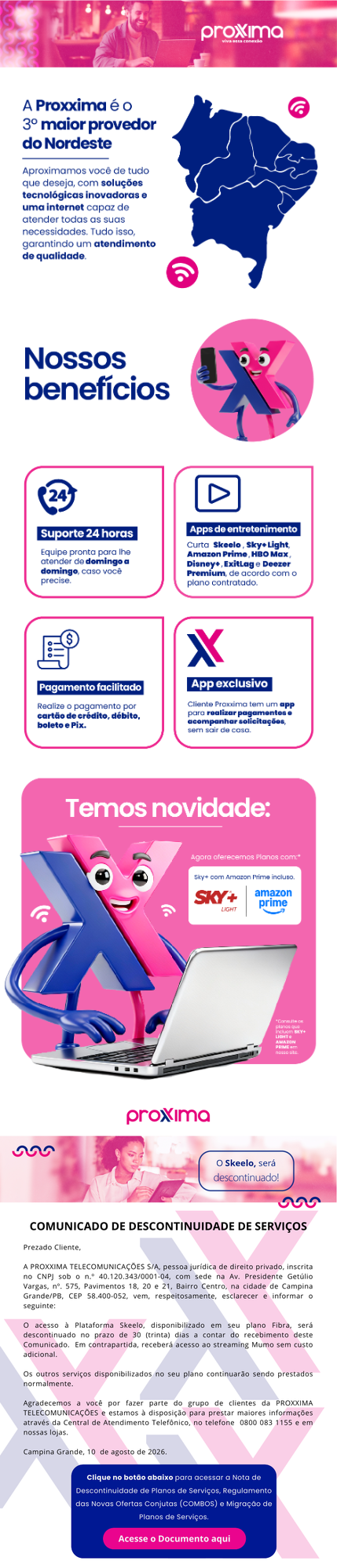 Comunicado de Descontinuidade de Serviços — Plataforma Skeelo. Proxxima Telecomunicações S/A.